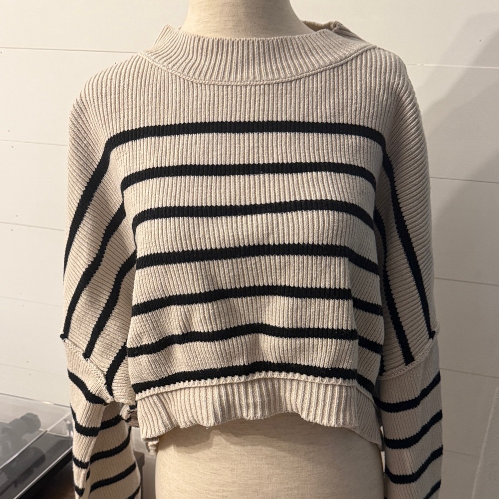 Free People Beige and Black Striped Turtleneck Sweater